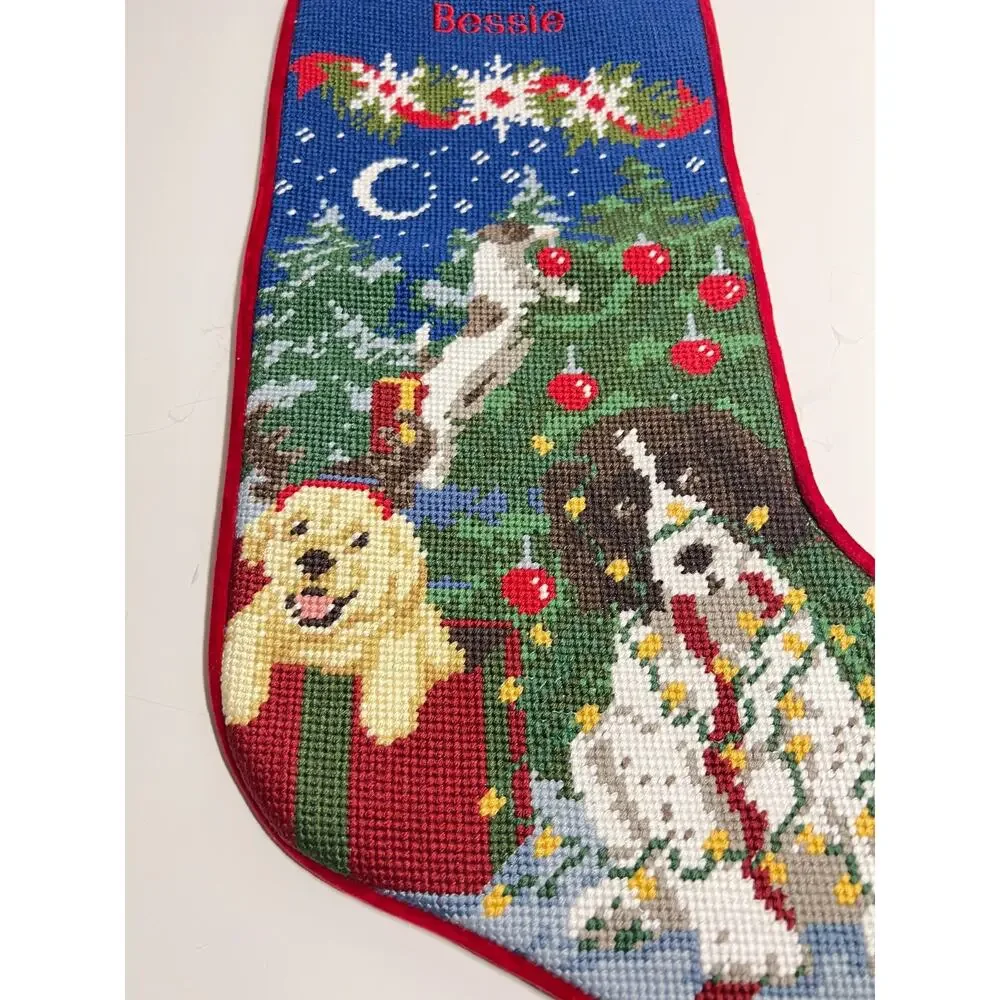 LL Bean LN Holiday Dogs Tree Christmas Stocking Bessie Cotton Needlepoint